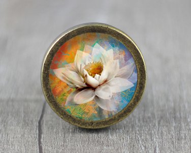 Lotus Flower Glass Cabochon Bronze cabinet Dresser Knobs pull / Dresser Pull