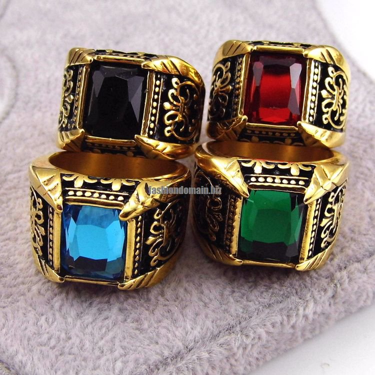 Brand Jewelry Vintage Antique Gold Color Crystal Ring For Men Stainless ...