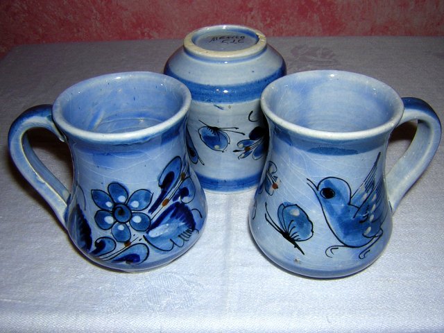 3 Signed Mexican mugs blue doves flowers perfect CJC Mexico hc1013