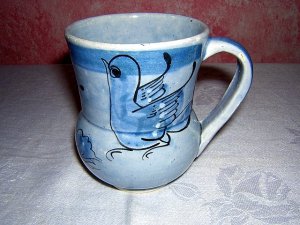 Mexican blue mug signed CJC dove, butterfly flower unused hc1014