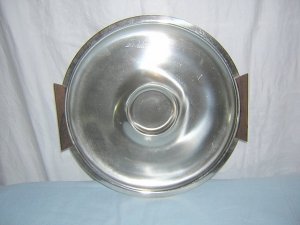 Lundhofte Denmark stainless steel round tray walnut handles Danish Modern hc1071
