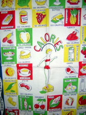 Calories bathing beauty on scale towel 1940s-50s unused vintage hc1232