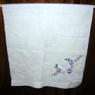 Embroidered linen towel with threadwork lavender flowers vintage linens hc1266