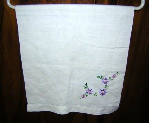 Embroidered linen towel with threadwork lavender flowers vintage linens hc1266