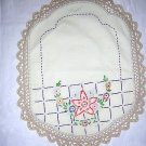 Small embroidered table mat hand crocheted lace edge vintage hc1281