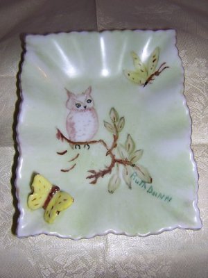 Hand painted china pin dish owl butterfly dragonfly hc1330
