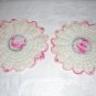 Pair of Irish crochet potholders white with varigated pink roses vintage hc1393