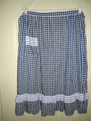 Navy & white gingham check half apron w lace trim midi length hc1420