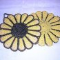 2 Hand crocheted potholders hanging loops lurex accents vintage hc1442