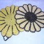2 Hand crocheted potholders hanging loops lurex accents vintage hc1442