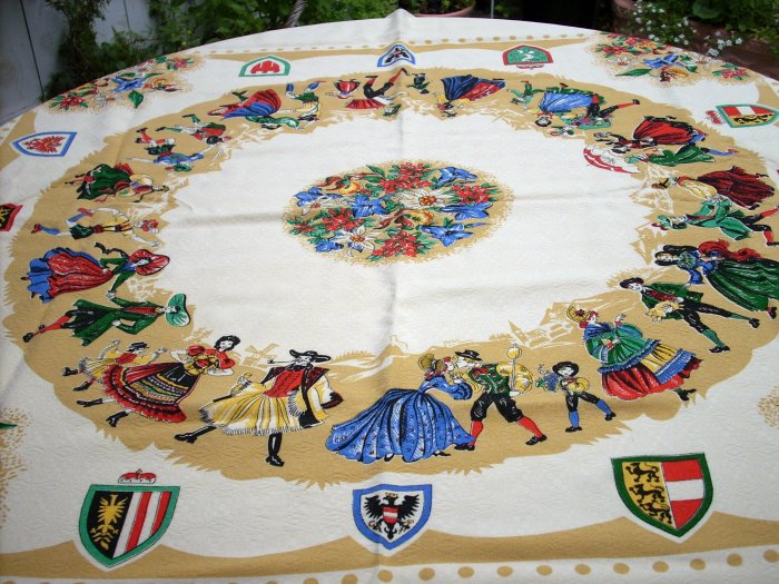 Jacquard tablecloth European costumes coats of arms colorful souvenir vintage linens hc1518