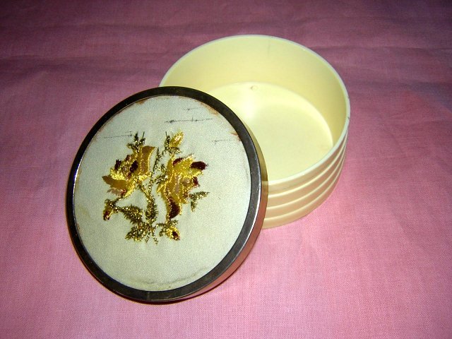 Celluloid powder box embroidered lid vintage hc1520