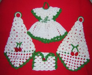 4 Hand crocheted decorations Christmas colors dress envelope cones vintage needlework hc1643