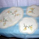 3 Piece set embroidered linen vanity or buffet mats antique hc1650