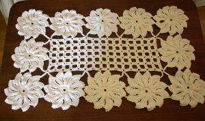 Hand crocheted large doily or table centerpiece pristine white flowers and grid hc1687