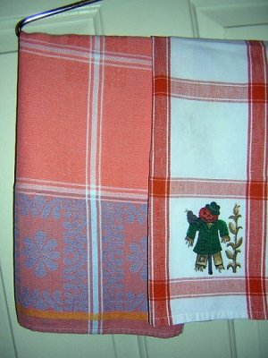 2 Color coordinated tea towels scarecrow and jacquard weave hc1714