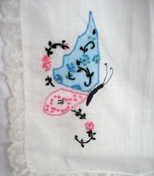 Antique hostess apron handkerchief linen embroidered butterflies hc1857