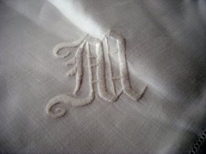 Antique white linen tablecloth monogrammed threadwork hem spotlesshc1861