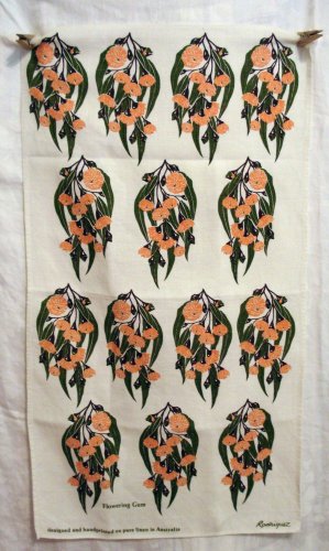 Flowering gum plant hand printed linen towel by Rodriguez vintage hc1935
