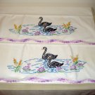 Pair embroidered pillowcases black swans crochet edge vintage hc1971