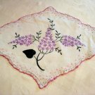 Embroidered lilacs antique linen table mat crocheted edge hc1984