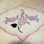 Embroidered lilacs antique linen table mat crocheted edge hc1984