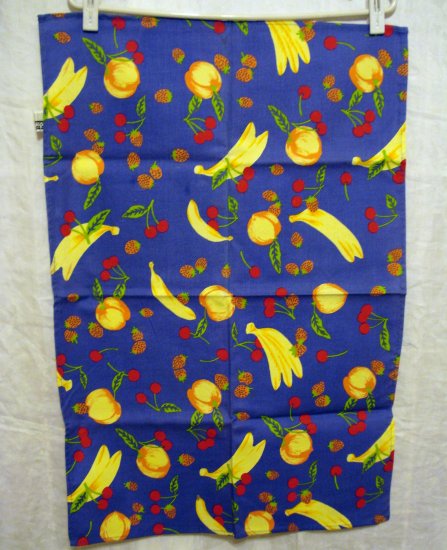 Mixed fruit on blue cotton kitchen towel unused vintage hc2046