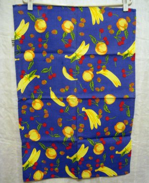 Mixed fruit on blue cotton kitchen towel unused vintage hc2046