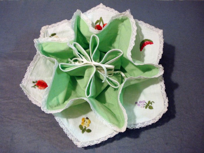 Green white roll bun keeper server crewel embroidery lace edge vintage