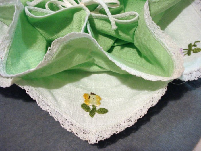 Green white roll bun keeper server crewel embroidery lace edge vintage