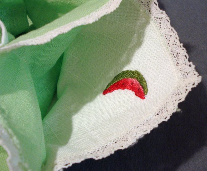 Green white roll bun keeper server crewel embroidery lace edge vintage