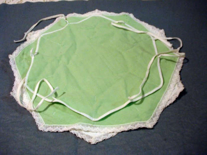 Green white roll bun keeper server crewel embroidery lace edge vintage