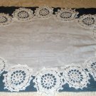 Antique jacquard linen table centerpiece crocheted medallion edge hc2073