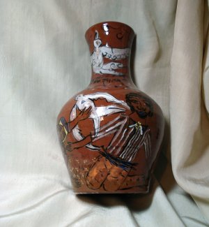 Red terra cotta clay primitive painted vase or wine ewer vintage hc2092