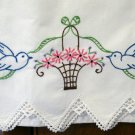 Bluebirds flower basket embroidered pillowcase hand made lace vintage linens hc2111