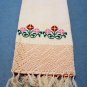 Peach embroidered Aida hand towel self threadwork lace end vintage linens hc2169