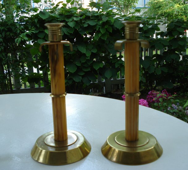 Pair Art Deco caramel Bakelite brass fluted mantle candlesticks hc2245