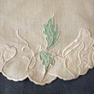 Antique linen oval mat embroidery applique green white exc. condition hc2285