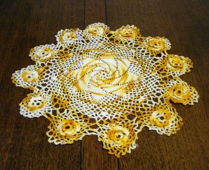 Marigold and white hand crocheted doily pinwheel Irish crochet flowers perfect vintage  hc2348