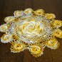 Marigold and white hand crocheted doily pinwheel Irish crochet flowers perfect vintage  hc2348