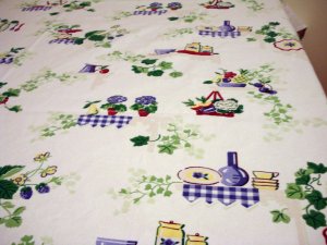 1950s Printed cotton sailcloth tablecloth kitchen motif excellent vintage hc2360