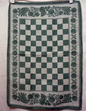 Jacquard tea kitchen towel checkerboard fruit motif green vintage hc2369