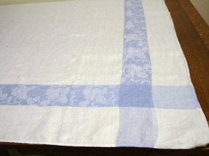 Antique linen tablecloth jacquard weave classic blue frame hc2376
