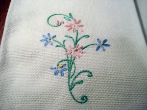 Pair embroidered huck towels threadwork hem near antique hc2467