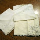 3 Antique odd linen napkins scalloped edges whitework eyelets bluework embroidery  10 inches hc2499