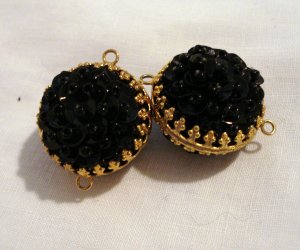 2 Sequin and tiny bead beads black in gold frames vintage for crafts jewelry hc2557