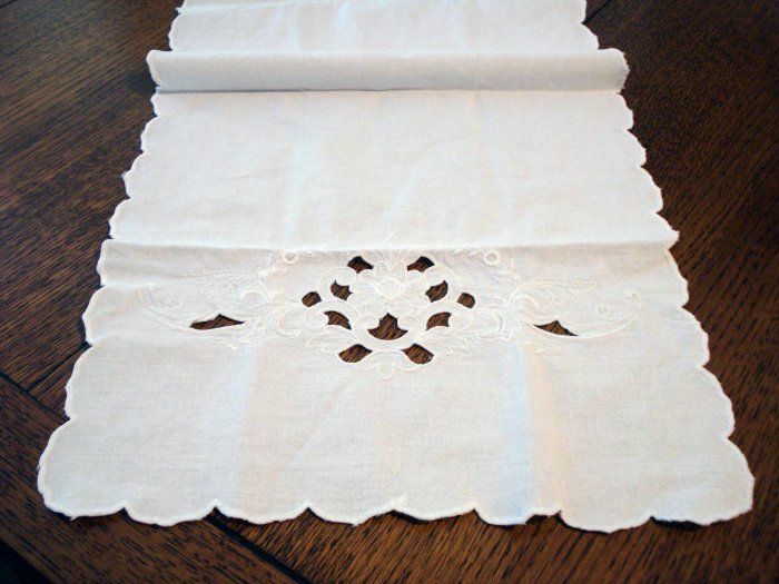 Whitework cutwork cotton dresser scarf table runner antique or vintage