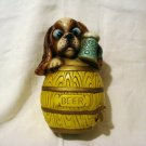 Carnival chalkware puppy in beer keg money bank vintage hc2619