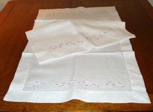 Pair embroidered linen guest towels or table runners white pink threadwork hem vintage hc2698