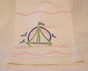 Embroidered sailboat on huck towel threadwork hems vintage hc2729